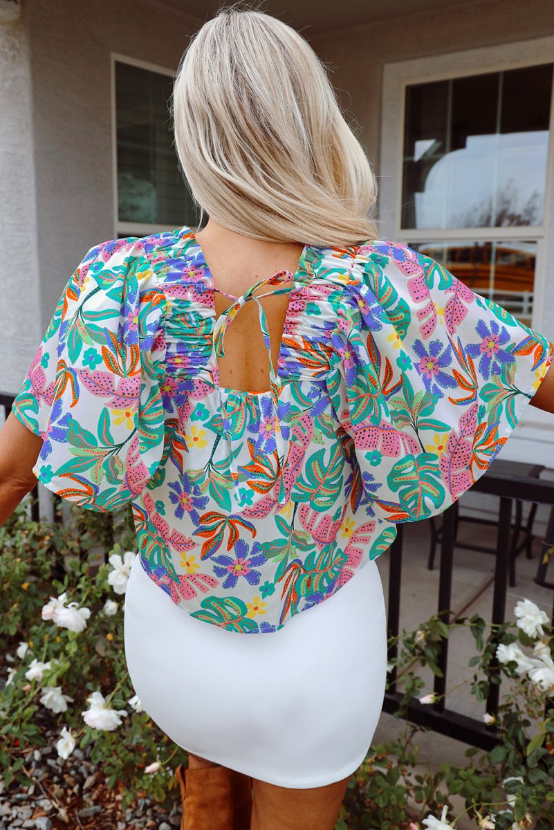 Green Plant Print Loose Fit Puff Sleeve Square Neck Blouse - Love Salve